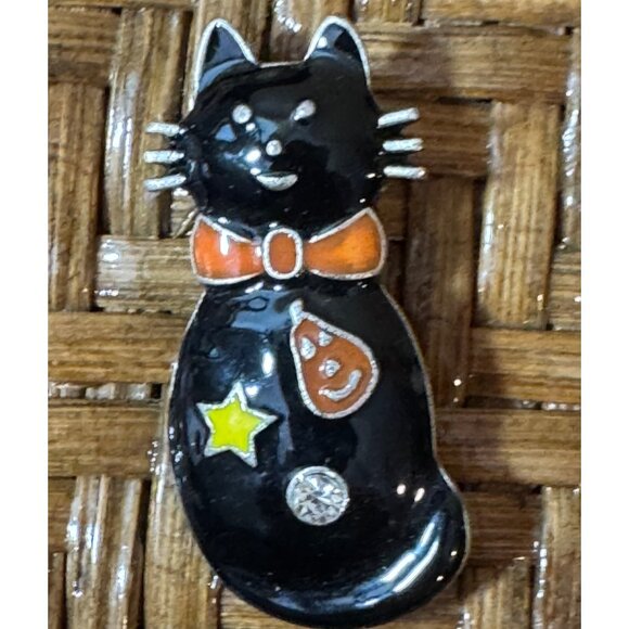 Halloween-Themed Black Cat Brooch With Star & Pumpkin Design - Picture 1 of 4
